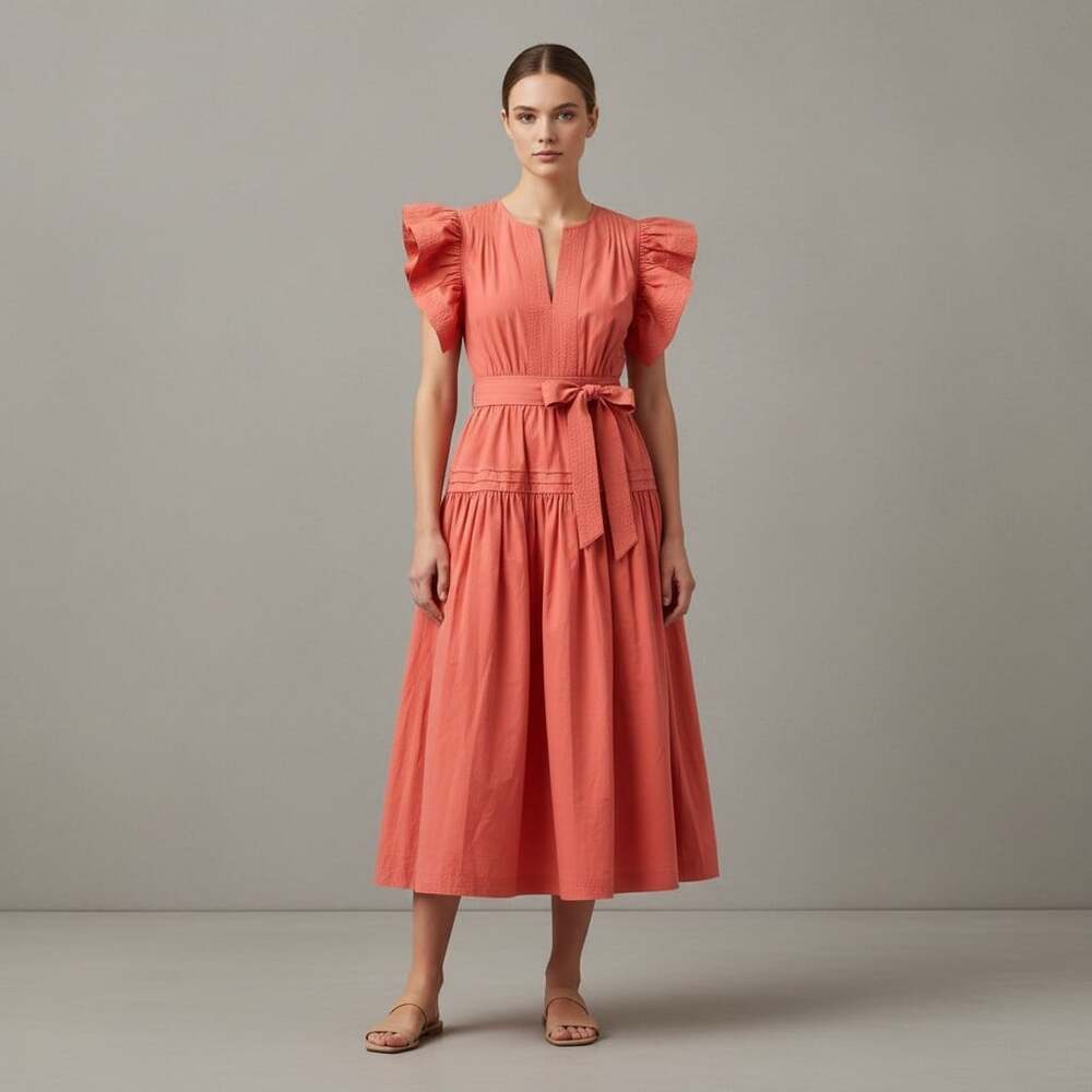 Strut & Bolt Coral Puff Sleeve Smocked Tiered Midi Dress 100% Cotton Size M